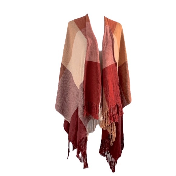 Siizu Causebox Scarf Wrap Poncho Cranberry Colorblock Outdoor Layering Cabincore - Picture 1 of 5